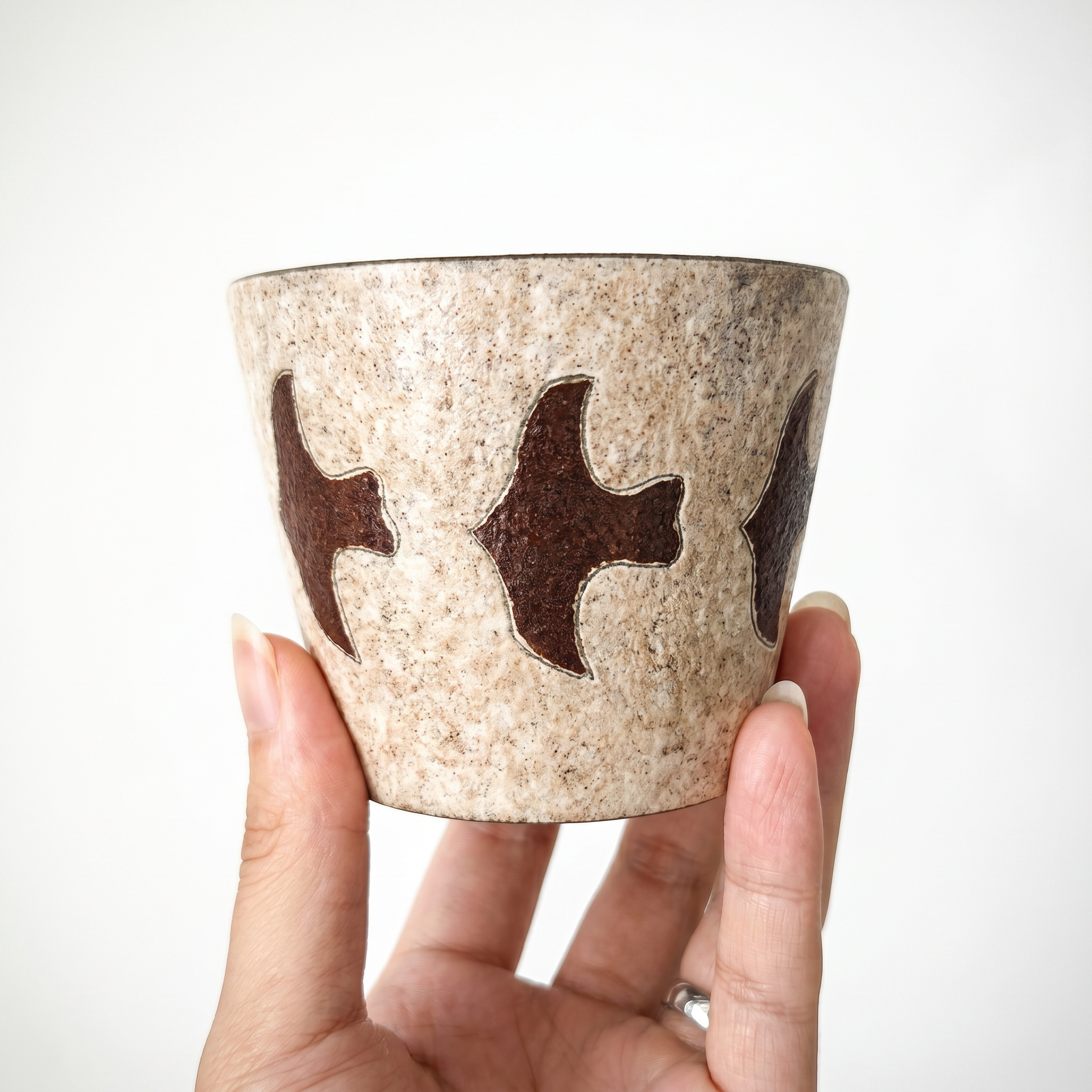 Textured Flying Bird Ceramic Cup | Sandy Stoneware Handleless Mug | Rustic Wabi-Sabi Tea Bowl | Earthy Pottery | Kove Ceramics