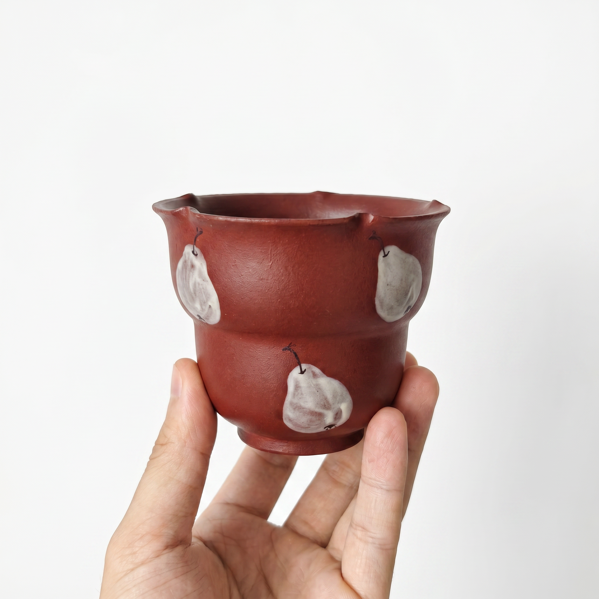 Rustic Red Ceramic Cup | Hand-Painted White Pear Motif | Stepped Tea Bowl | Wabi Sabi Handleless Mug | Handmade Pottery | Kove Ceramics