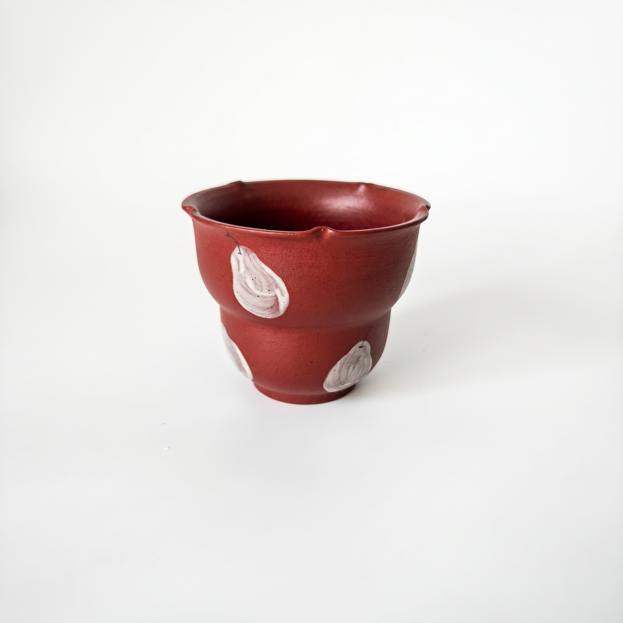 Rustic Red Ceramic Cup | Hand-Painted White Pear Motif | Stepped Tea Bowl | Wabi Sabi Handleless Mug | Handmade Pottery | Kove Ceramics