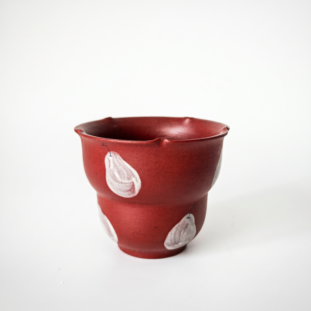Rustic Red Ceramic Cup | Hand-Painted White Pear Motif | Stepped Tea Bowl | Wabi Sabi Handleless Mug | Handmade Pottery | Kove Ceramics