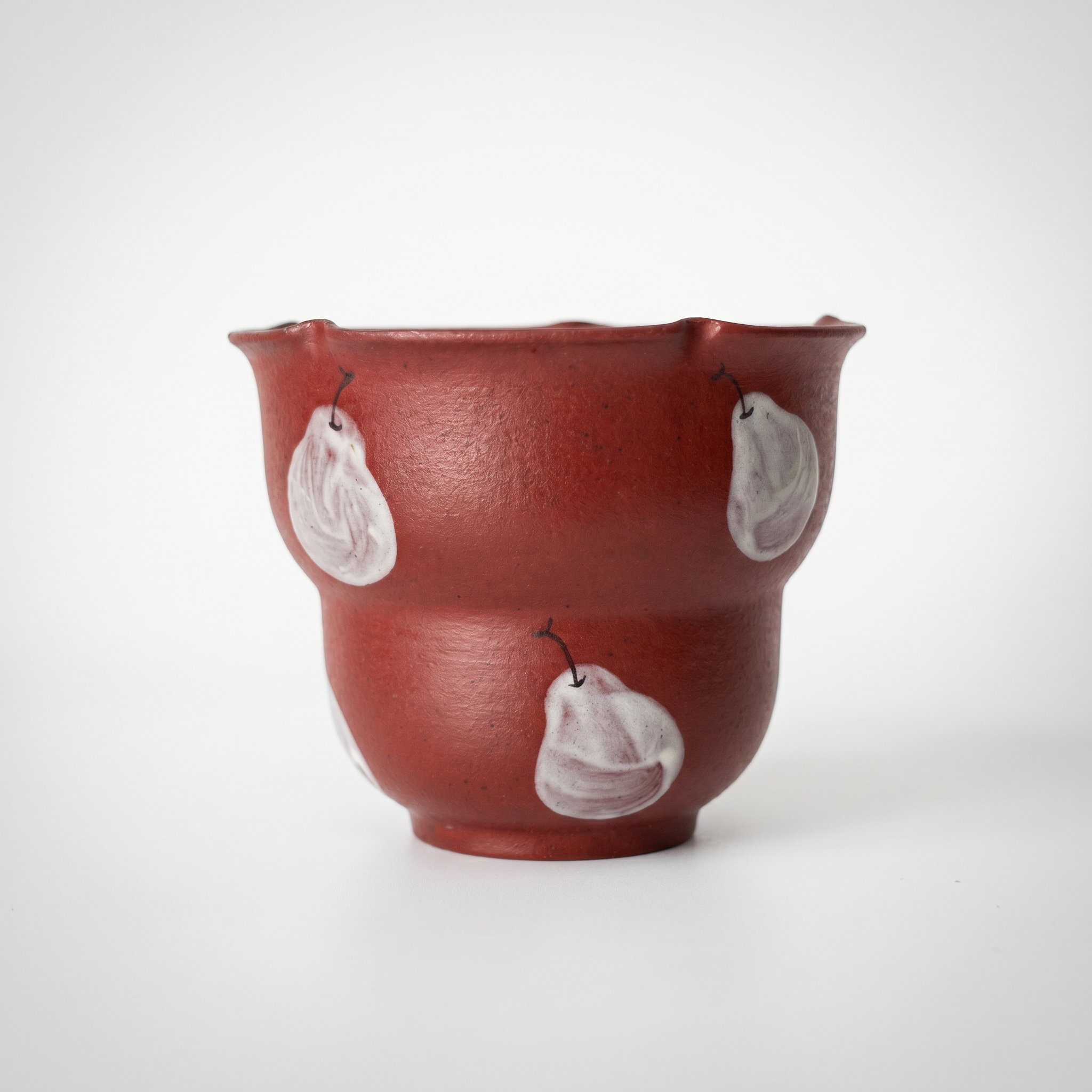 Rustic Red Ceramic Cup | Hand-Painted White Pear Motif | Stepped Tea Bowl | Wabi Sabi Handleless Mug | Handmade Pottery | Kove Ceramics