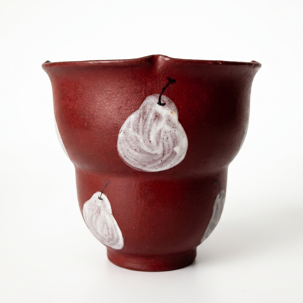 Rustic Red Ceramic Cup | Hand-Painted White Pear Motif | Stepped Tea Bowl | Wabi Sabi Handleless Mug | Handmade Pottery | Kove Ceramics