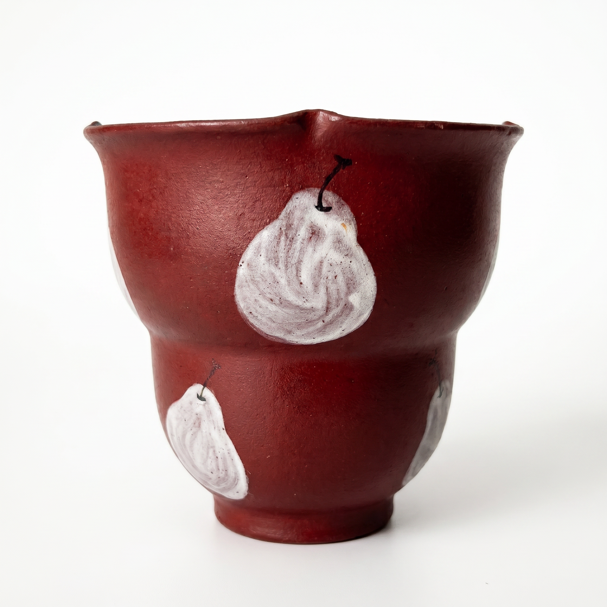 Rustic Red Ceramic Cup | Hand-Painted White Pear Motif | Stepped Tea Bowl | Wabi Sabi Handleless Mug | Handmade Pottery | Kove Ceramics