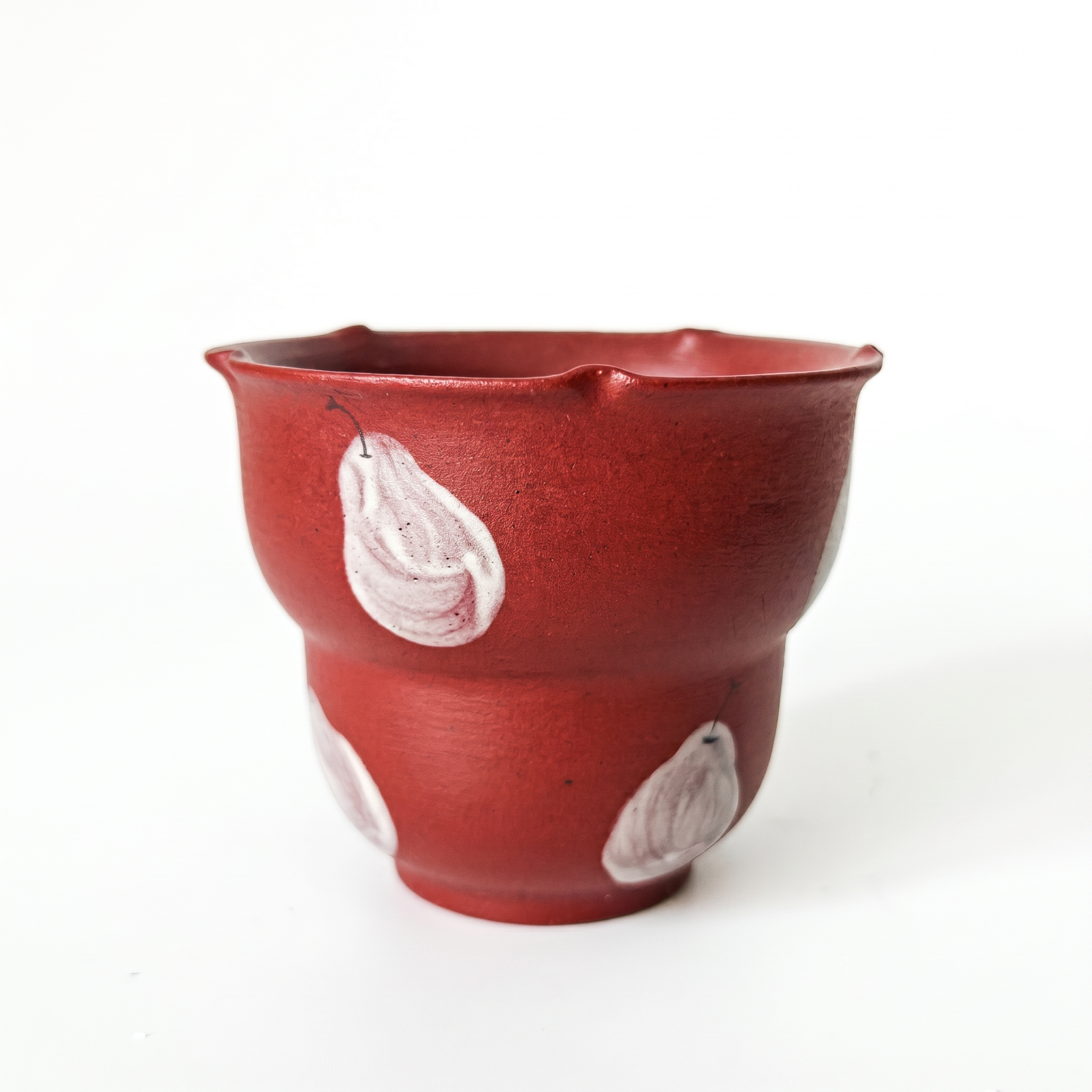 Rustic Red Ceramic Cup | Hand-Painted White Pear Motif | Stepped Tea Bowl | Wabi Sabi Handleless Mug | Handmade Pottery | Kove Ceramics