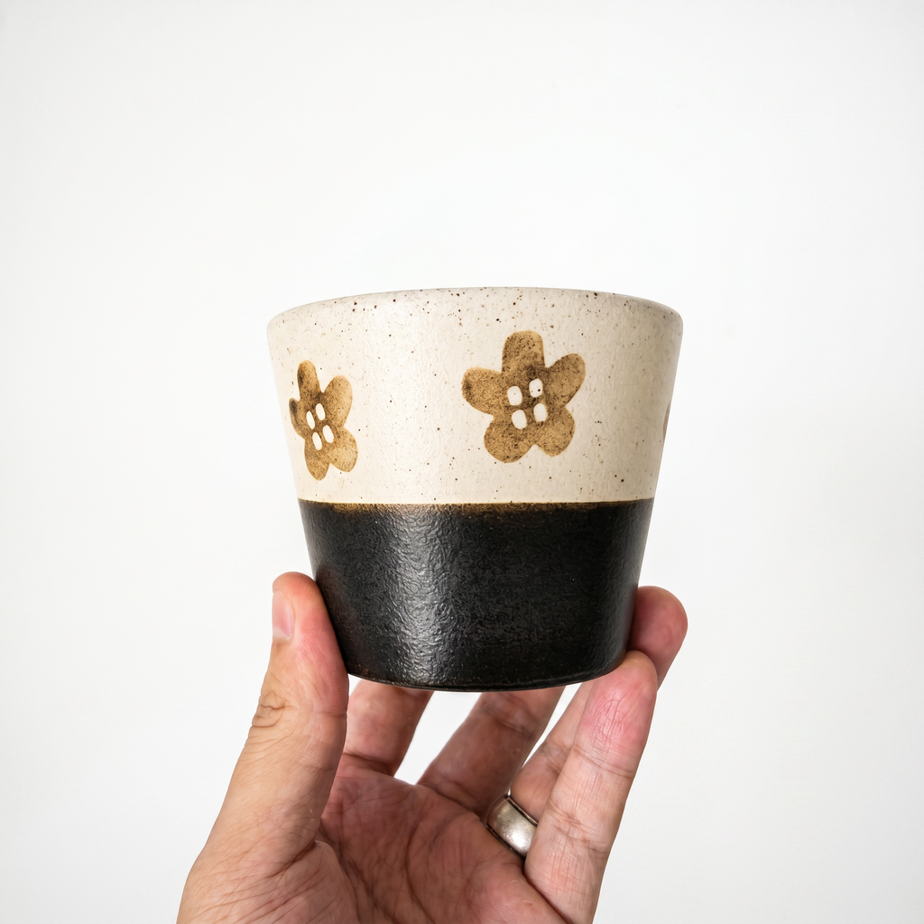 Hand-Painted Floral Ceramic Mug | Black & Cream Two-Tone Yunomi
