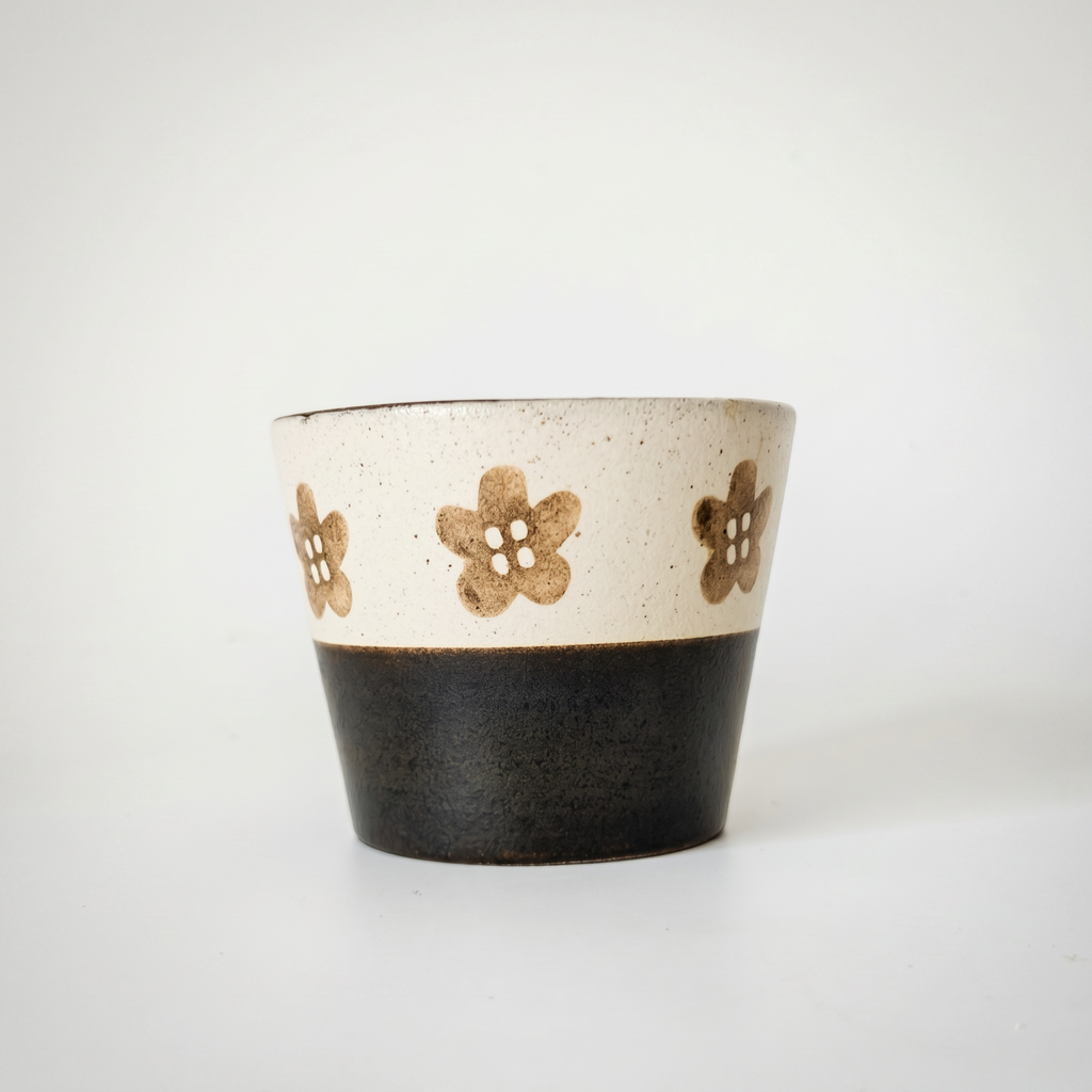 Hand-Painted Floral Ceramic Mug | Black & Cream Two-Tone Yunomi