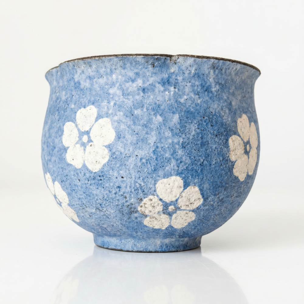 A clean studio shot of a round, handleless ceramic cup by Kove Ceramics resting on a glossy white surface with a soft reflection visible below. The image clearly showcases its bulbous silhouette, small footed base, textured mottled blue glaze, dark wavy rim, and hand-painted white blossom patterns.