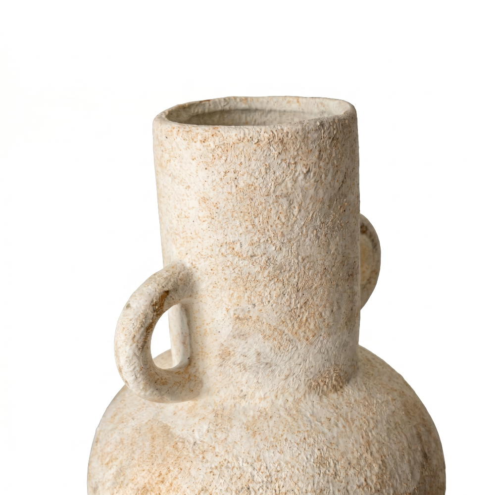 A close-up detail shot of the neck and loop handles of a rustic ceramic vase by Kove Ceramics, highlighting the highly textured, weathered earthy surface and wabi-sabi finish against a white background.