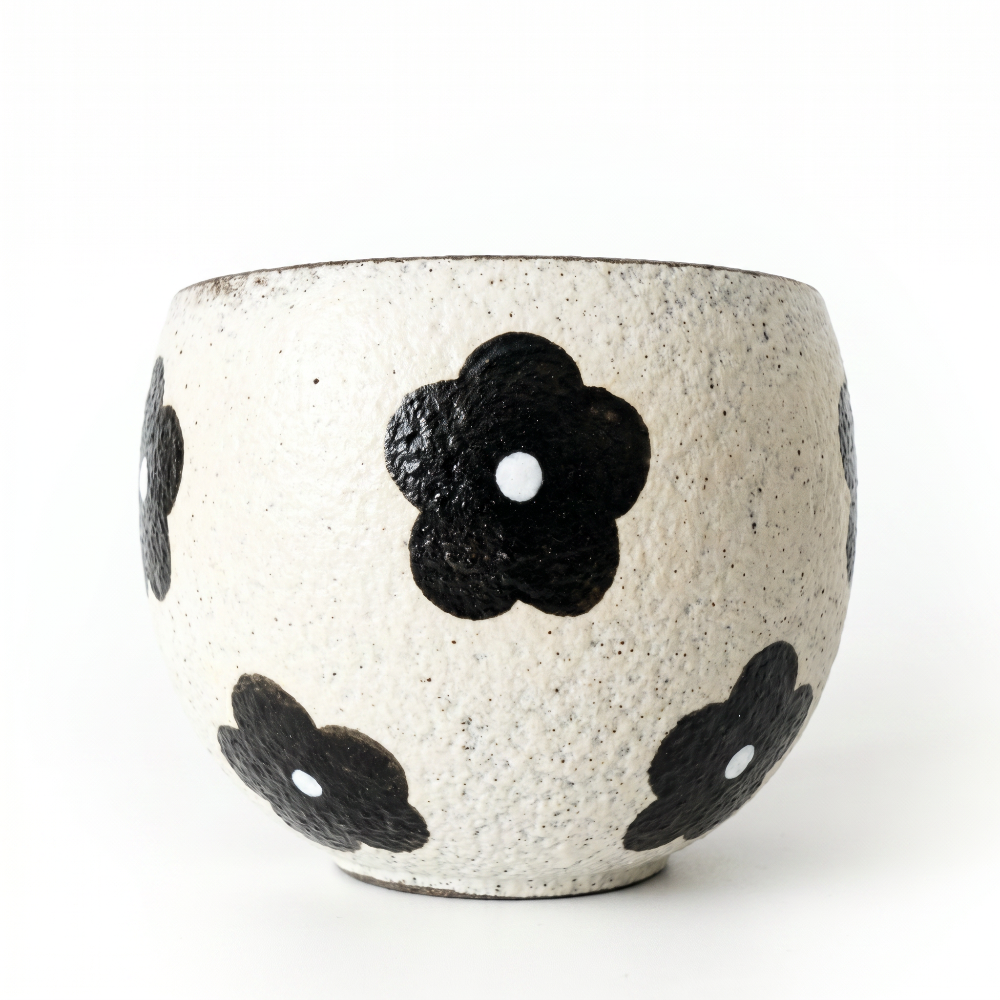 A straight-on front profile view of a round, handleless ceramic cup by Kove Ceramics, displaying its plump silhouette, coarse speckled cream finish, and large, hand-painted black retro flowers on a clean white background