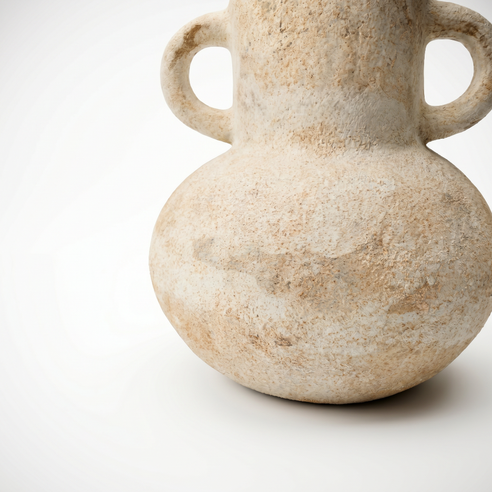 A close-up shot focusing on the plump, bulbous base of a rustic ceramic vase by Kove Ceramics, highlighting its organic form, heavy stability, and beautiful earthy patches of distressed wabi-sabi texture.